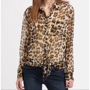 Equipment Leopard Print Silk Button Down Tie Top - Size  XS